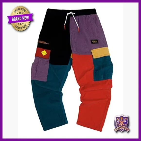Men's Corduroy Cargo Joggers with Patchwork Design and Drawstring Waist